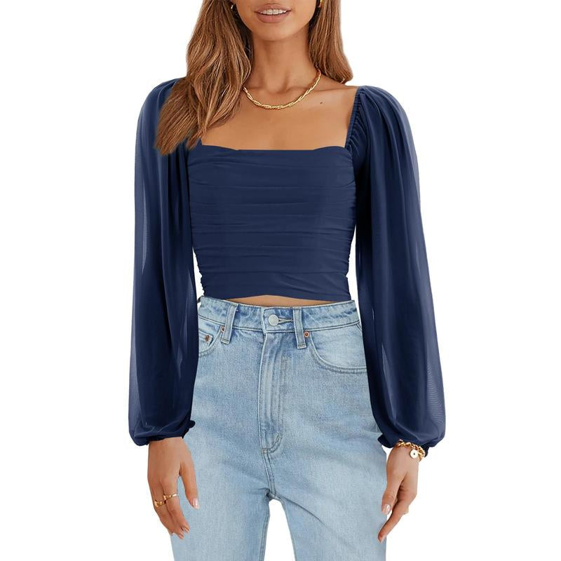 Tankaneo Women'S Summer Mesh Long Sleeve Tops Square Neck Ruched Party Club Casual Crop Blouse Shirt RP5408