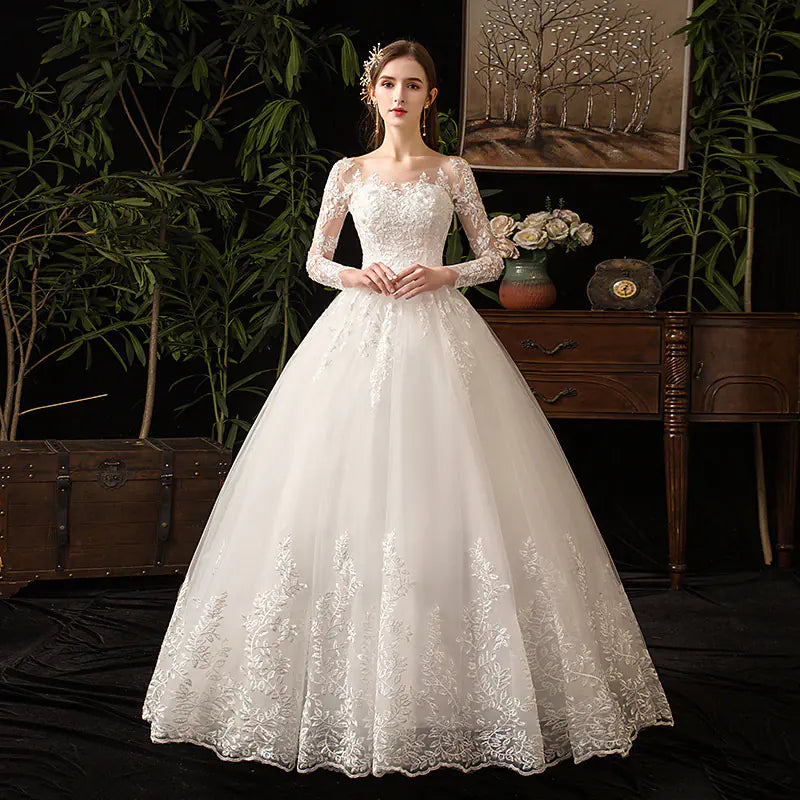 Simple White Lace Long Sleeve Women's Wedding Dress