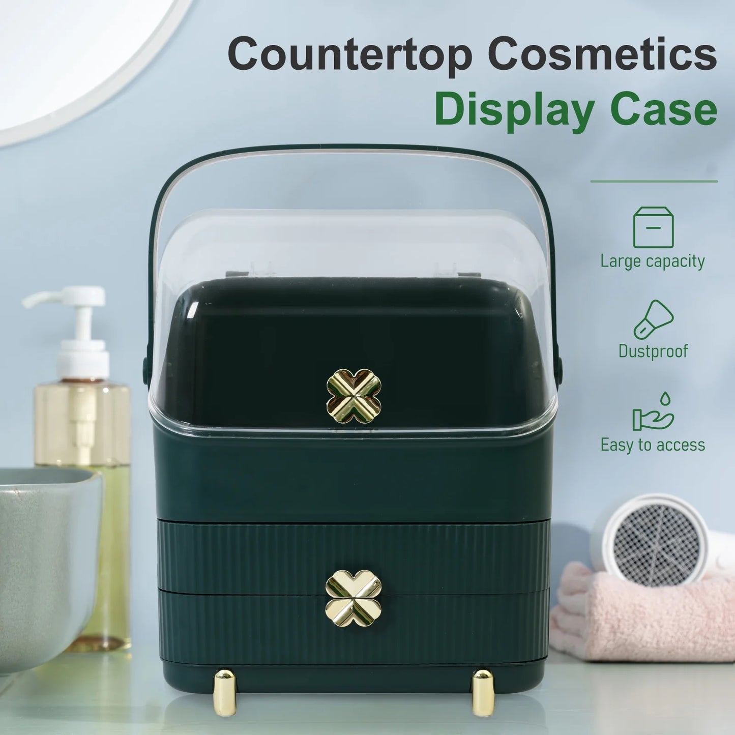 Makeup Organizer Cosmetics Storage with Fully Open Lid, Green, Countertop Cosmetics Display Case, Dresser, Ideal Gift for Women (Dark Green), 10.23*7.08*14.17In