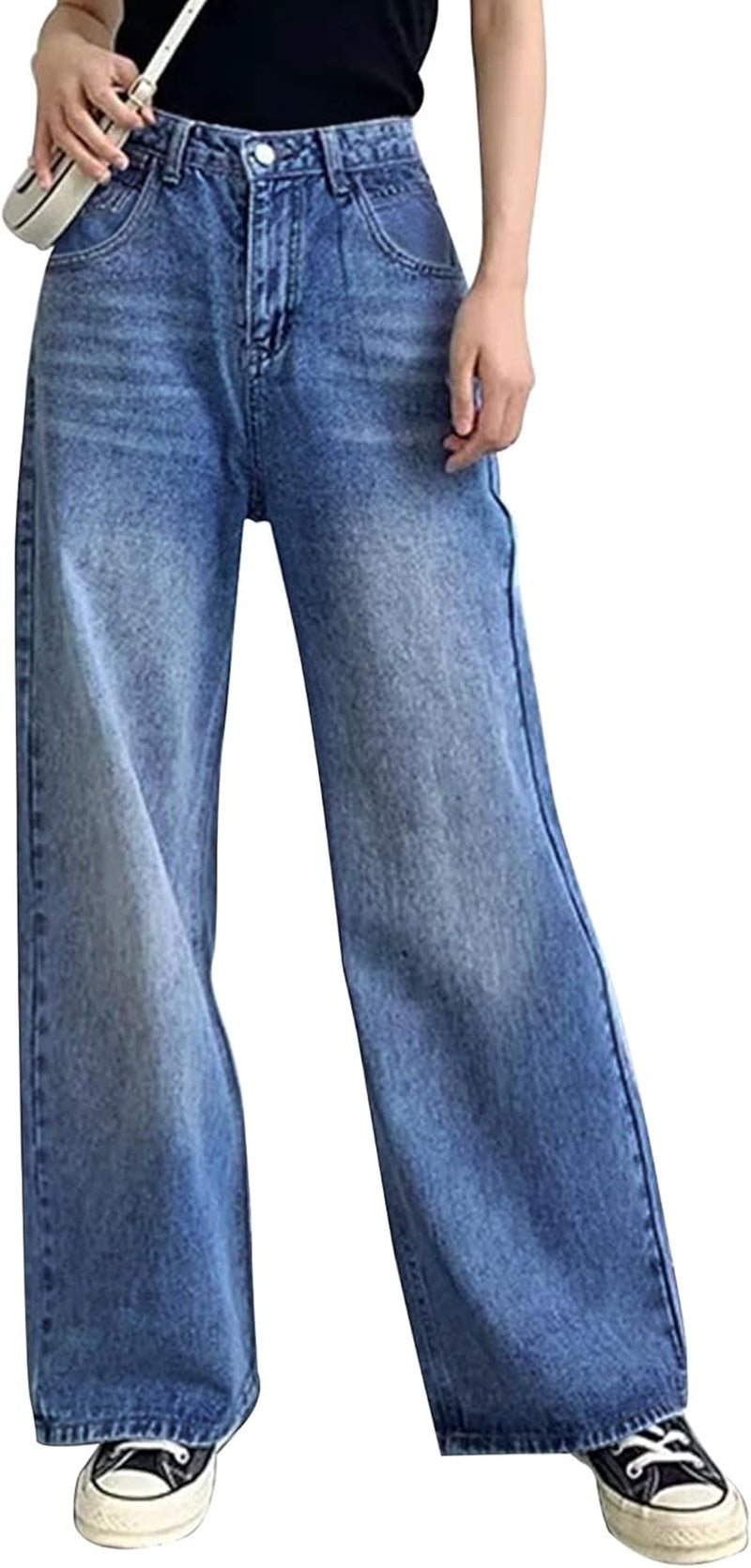 Baggy Wide Leg Jeans for Women High Waisted Trendy Flare Jeans Boyfriend Denim Pants with Patch Pockets