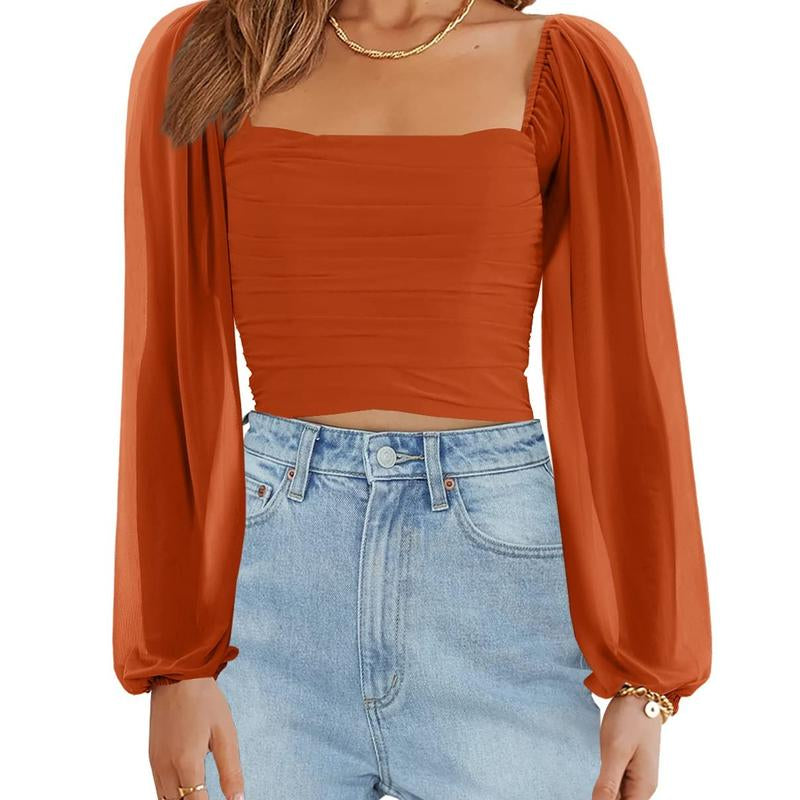 Tankaneo Women'S Summer Mesh Long Sleeve Tops Square Neck Ruched Party Club Casual Crop Blouse Shirt RP5408