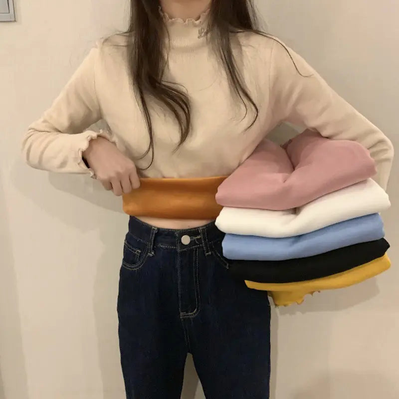 Korean Style Thick High Neck Embroidered Knit Top