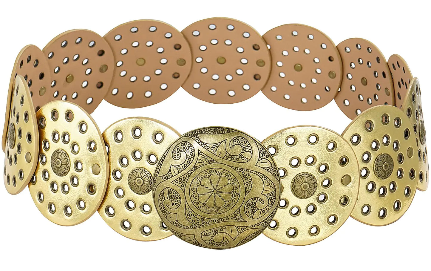 HIQUACC Wide Disc Belt for Women Vintage Leather Hollow Out Round Belt Western Waist Belt (Copper Gold XL)