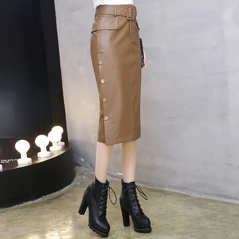 Button Split Skirt, Bodycon Leather Skirt, Pearl Zipper Long Skirt