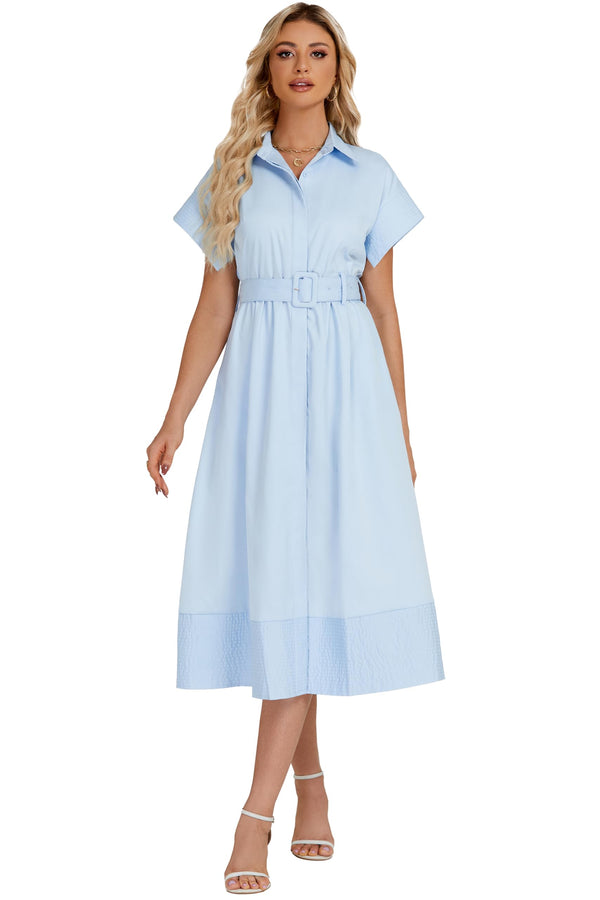 Ladyful Women Casual Button Down Shirt Dress Short Wing Sleeve Midi Shirt Dress with Belt Elegant Dress Light Blue