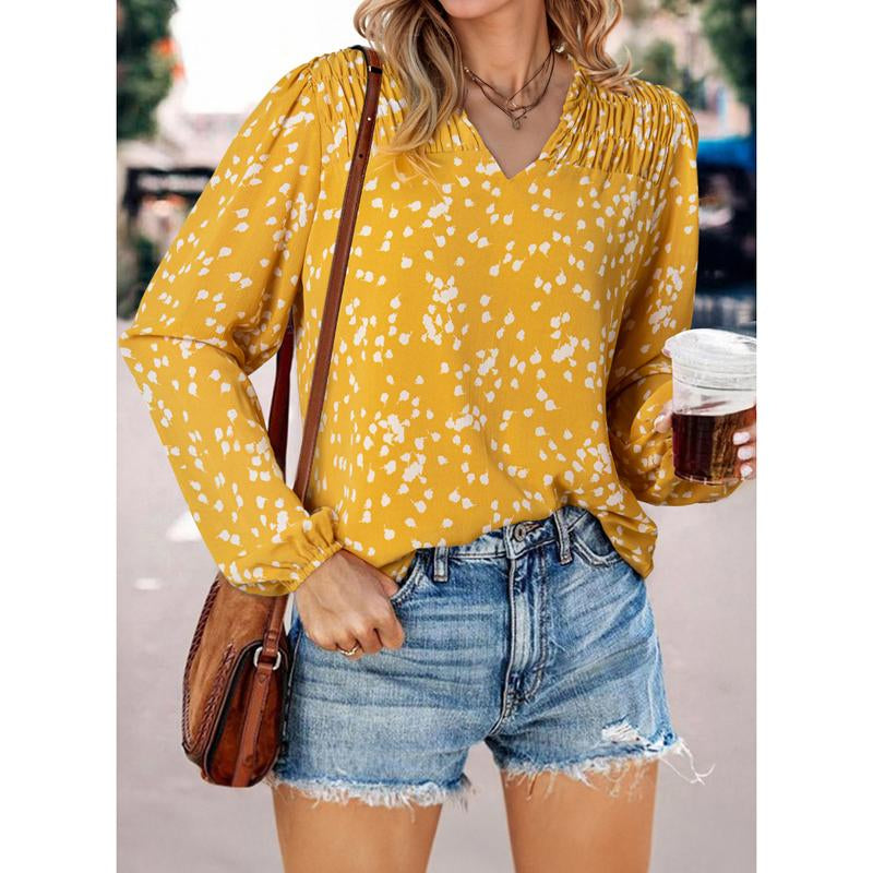 Dokotoo Women'S Casual V Neck Alicia Floral Print Smocked Long Sleeve Chiffon Blouses Bohemian Top Shirts