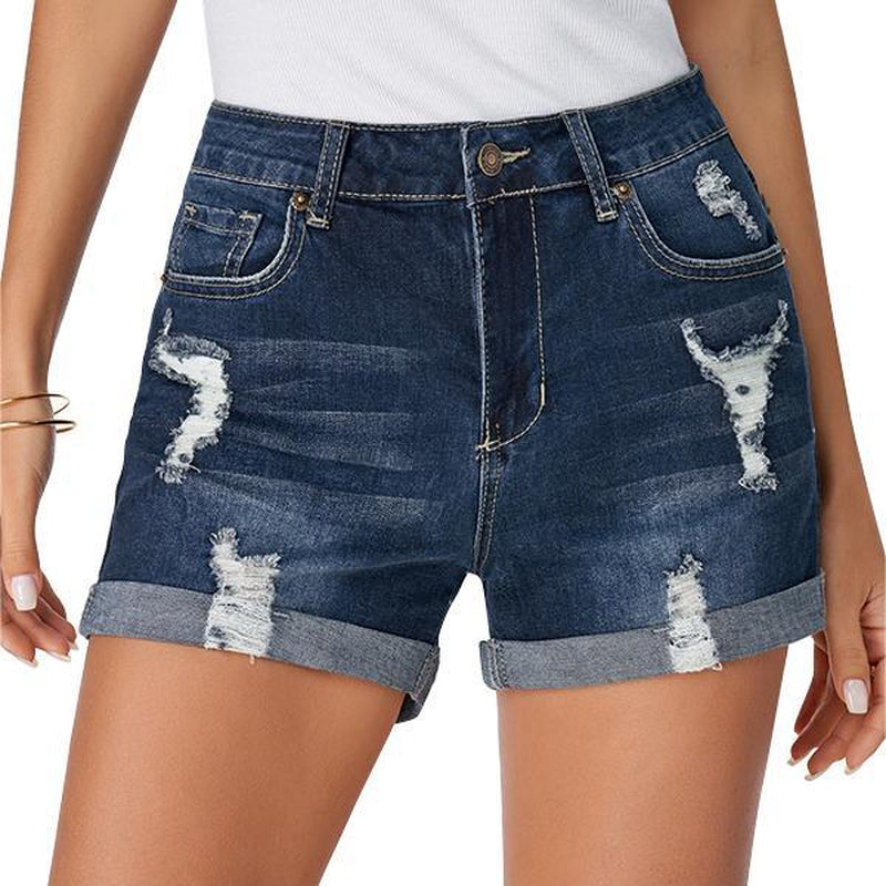 Luvamia Denim Shorts Women'S Ripped Jean Shorts High Waisted Stretchy Folded Hem Short Jeans