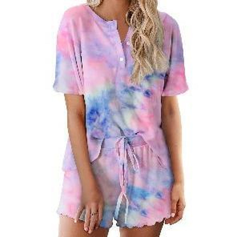 Ekouaer Tie Dye Pajamas Set Womens Loungewear Sleepwear 2 Piece PJ Sets Soft Womenswear Elastic Chic Comfy Casual Crewneck Fits Short Sleeve Jersey Light Drawstring Anniversary Bridal Dress Ladies Party Suit