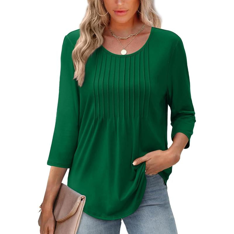 WIHOLL 3/4 Length Sleeve Womens Tops 2025 Crewneck Casual Pleated Tunic Tops Loose Fit Shirts Blouses Curved Hem