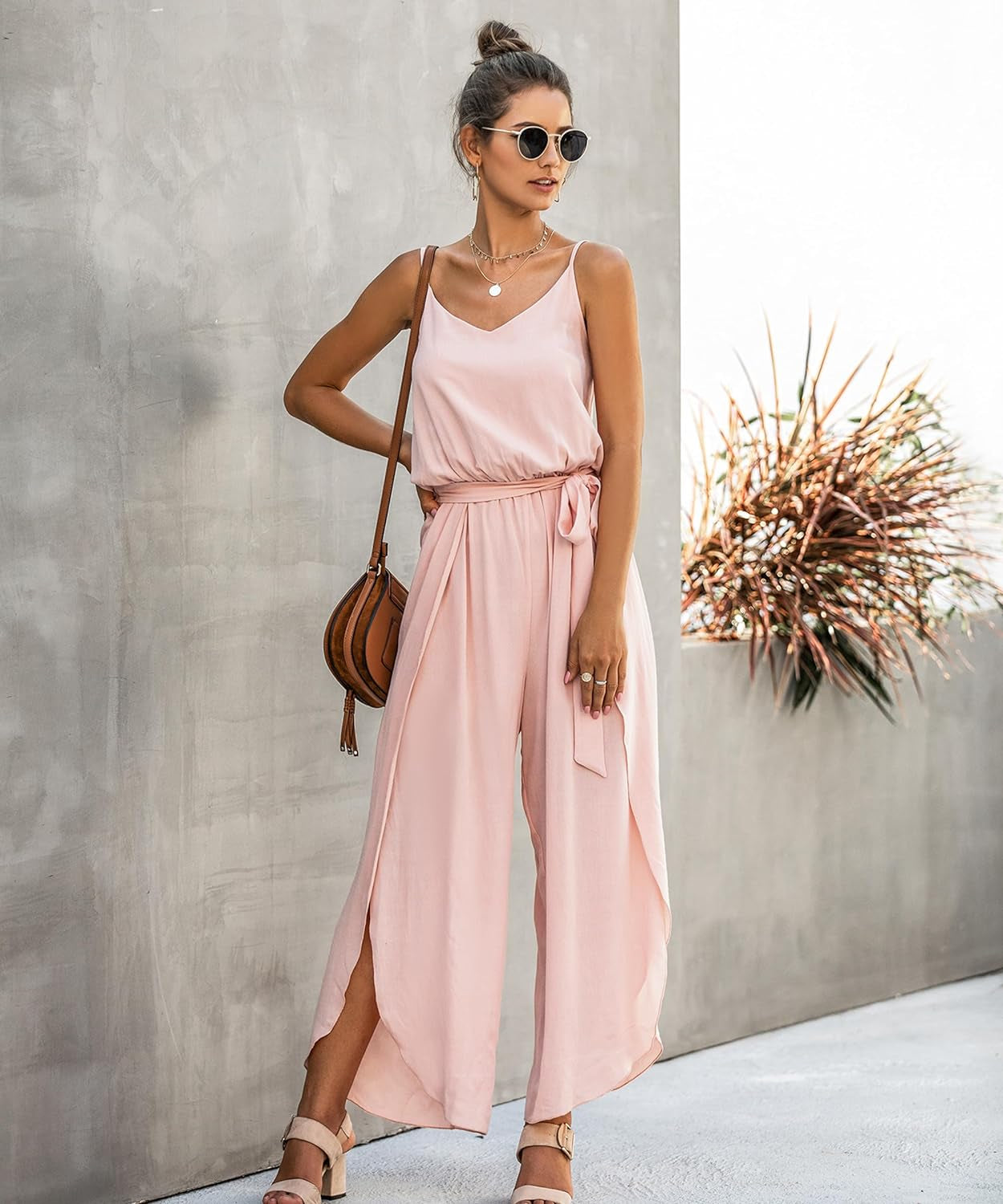 Womens Jumpsuit Spaghetti Strap Wide Leg Split Jumpsuits Long Overalls Summer Beach Loose Fit Rompers with Belt Navy Blue Large