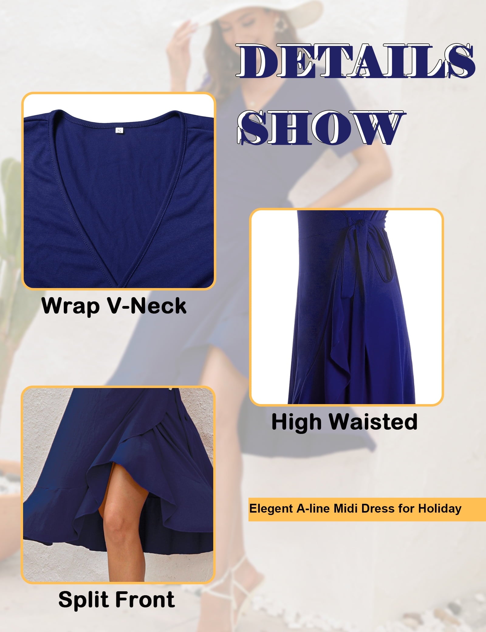 Women Summer Midi V-Neck Dress (Navy Blue, S)