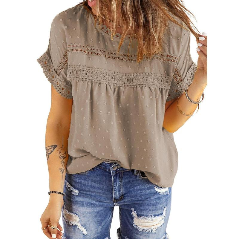 Dokotoo Womens Summer Tops Crewneck Lace Crochet Short Sleeve Shirts Casual Chiffon Blouses