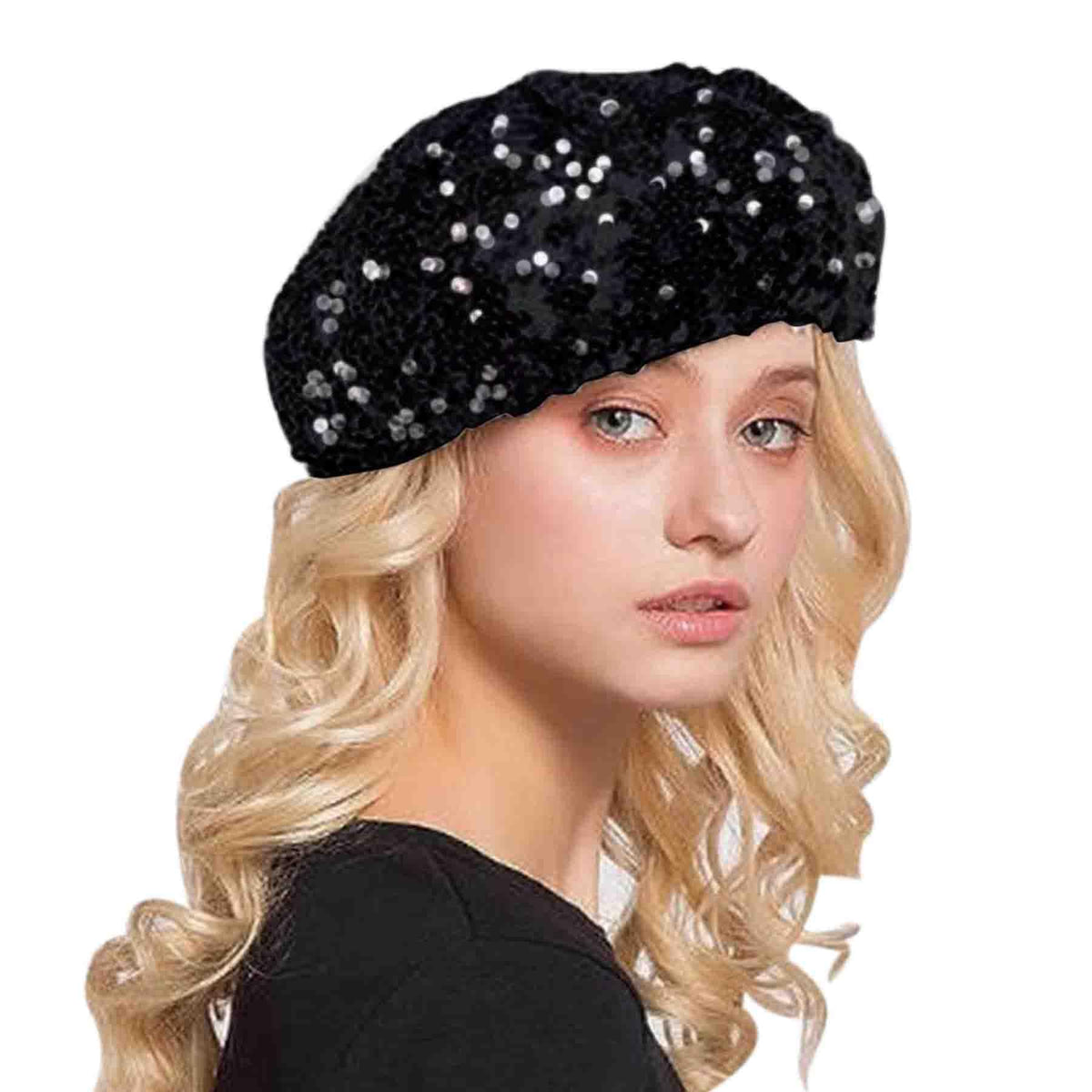 AIBEARTY Women Girls Sparkly Sequin Beret Hat Fashion Fun Stretch Beanie Cap Headwear for Festival Party Club Halloween (Black)