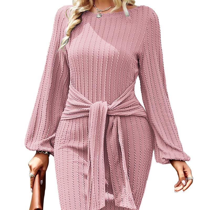 HOTOUCH 2025 Fall New Arrivals Women'S Casual Knit Dress Long Lantern Sleeve Fall Bodycon Dress Crewneck Tie Waist Rib Knitted Sweater Dresses