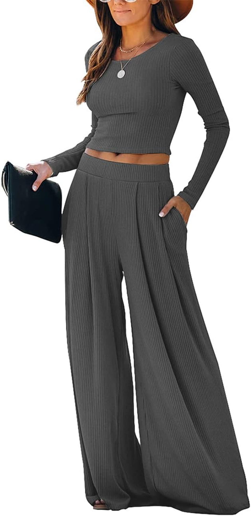 Wide Leg Pant Suits for Women Elegant 2 Piece Solid Outfits Long Sleeve Crop Top High Waist Long Pants with Pockets