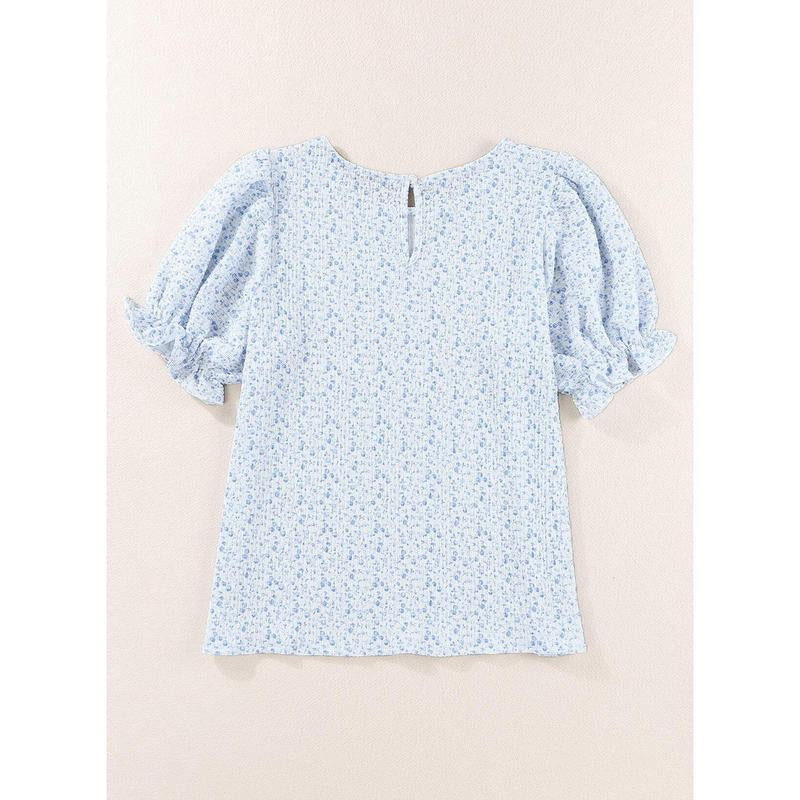 Dokotoo Floral Print Blouses for Women Crewneck Smocked Puff Sleeve Shirts Casual Babydoll Tops
