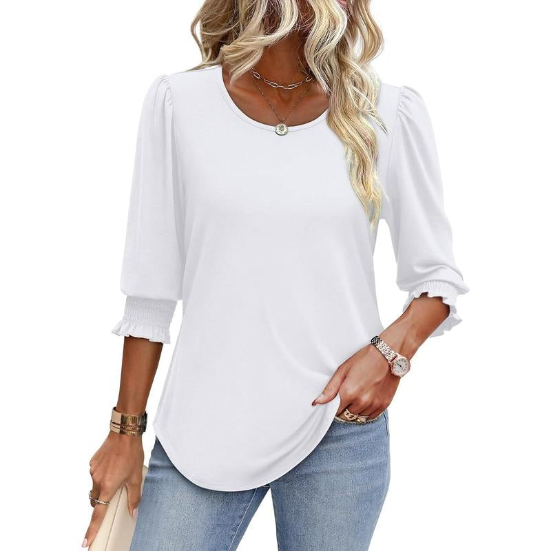 WIHOLL Blouses for Women Dressy Casual 3/4 Length Sleeve Womens Tops with Smocked Cuffs