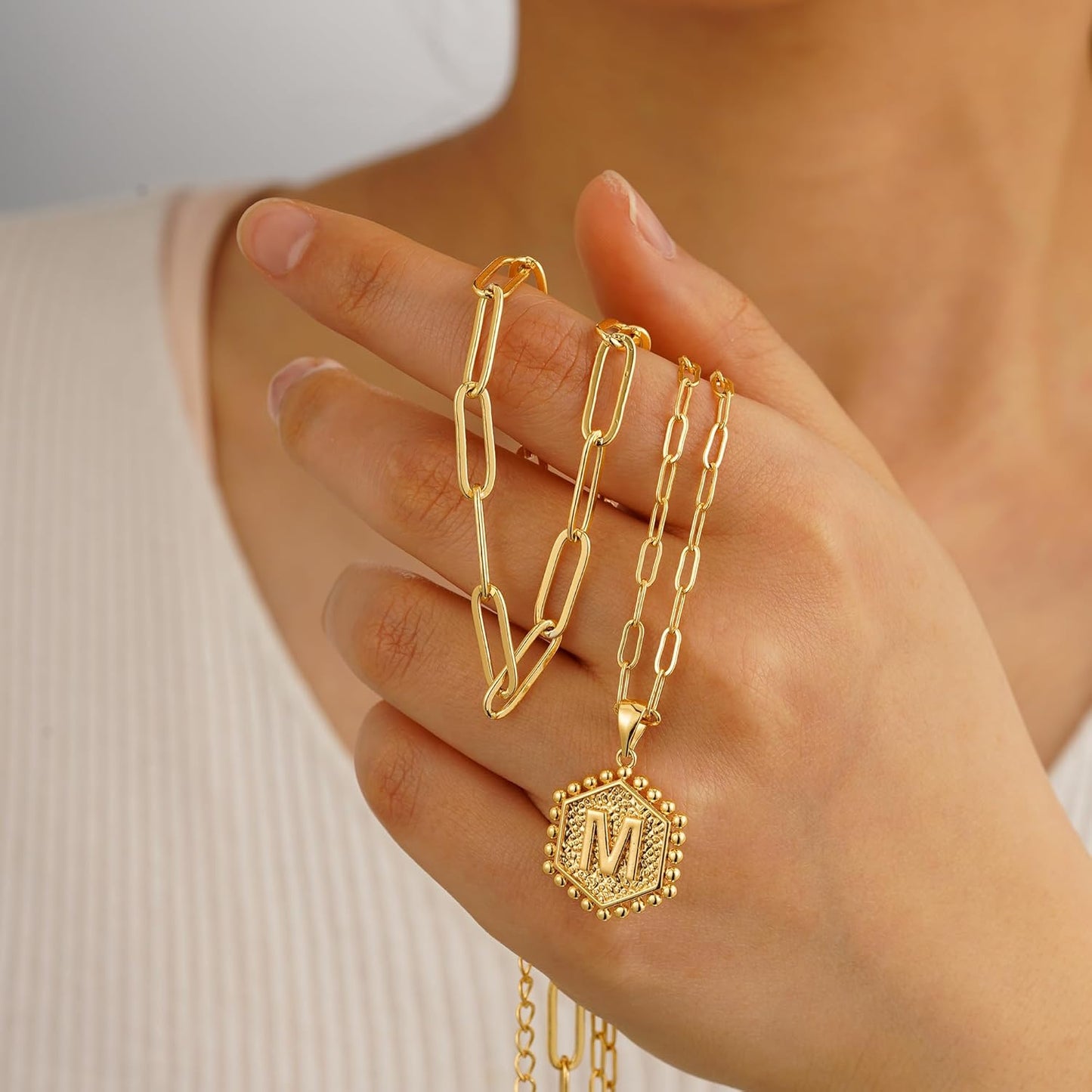 Dainty Gold Necklace for Women - 14K Solid Gold over Layering Necklaces for Women Cute Hexagon Letter Initial Necklaces for Women Gold Layered Necklaces for Women Jewelry Gifts