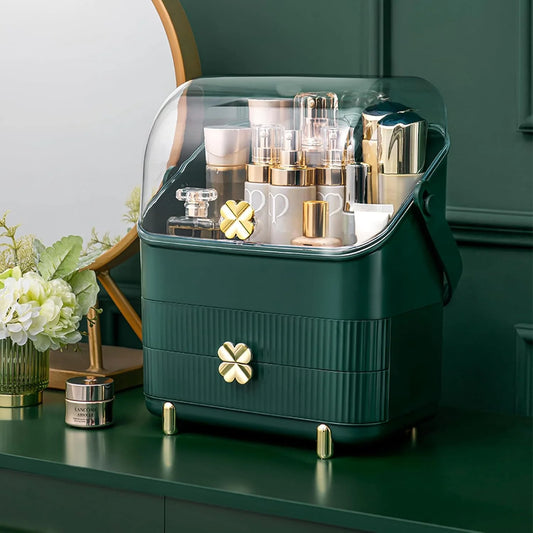 Makeup Organizer Cosmetics Storage with Fully Open Lid, Green, Countertop Cosmetics Display Case, Dresser, Ideal Gift for Women (Dark Green), 10.23*7.08*14.17In