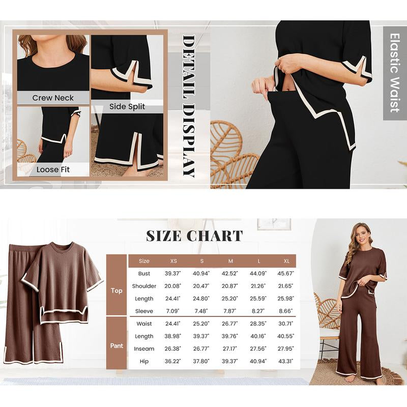 Naeduo Sweater Sets Women 2 Piece Lounge Sets Short Sleeve Knit Pullover Tops Wide Leg Pants