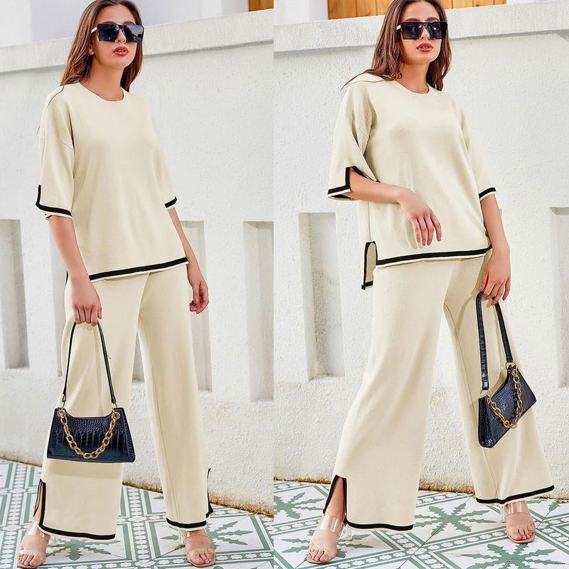 Naeduo Sweater Sets Women 2 Piece Lounge Sets Short Sleeve Knit Pullover Tops Wide Leg Pants