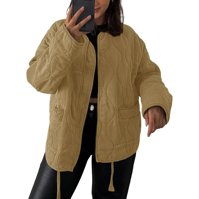 Womens Collarless Lightweight Quilted Jackets Casual Oversized Puffer Coats Zip up Drawstring Outerwe