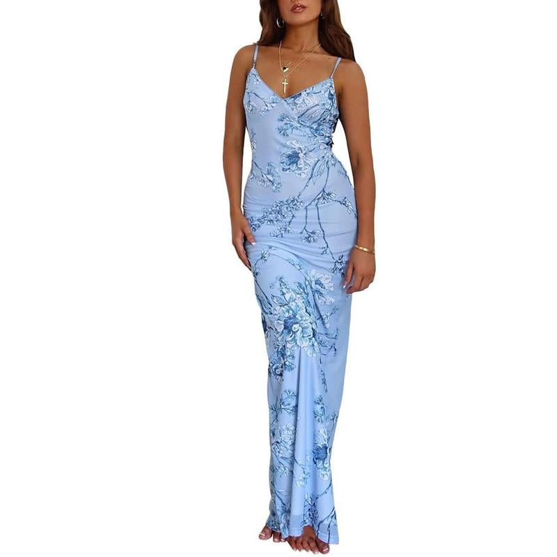 Womens Dress Dresses for Women Midi Dress Maxi Dress Mini Dress Women Vintage Spaghetti Strap Maxi Dress Sexy Low Cut Backless Floral Satin Slip Long Dress Y2K Cami Bodycon Dresses