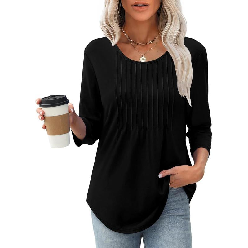 WIHOLL 3/4 Length Sleeve Womens Tops 2025 Crewneck Casual Pleated Tunic Tops Loose Fit Shirts Blouses Curved Hem