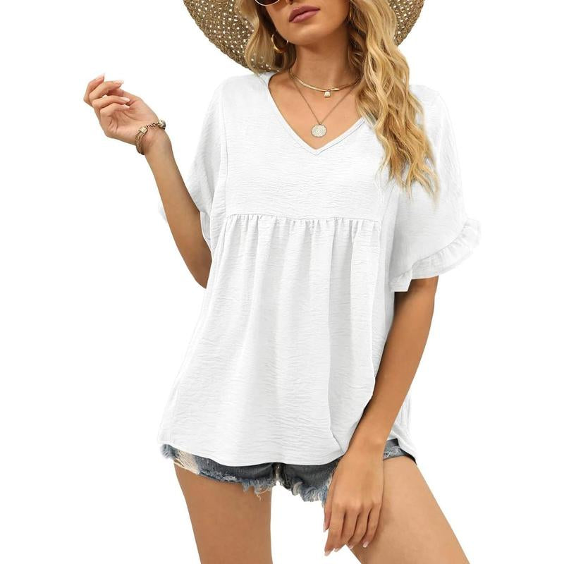 WIHOLL Womens Tops Casual V Neck Ruffle Sleeve T Shirts Babydoll Loose Fit Peplum Tops