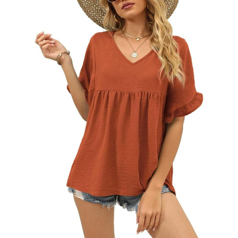 WIHOLL Womens Tops Casual V Neck Ruffle Sleeve T Shirts Babydoll Loose Fit Peplum Tops