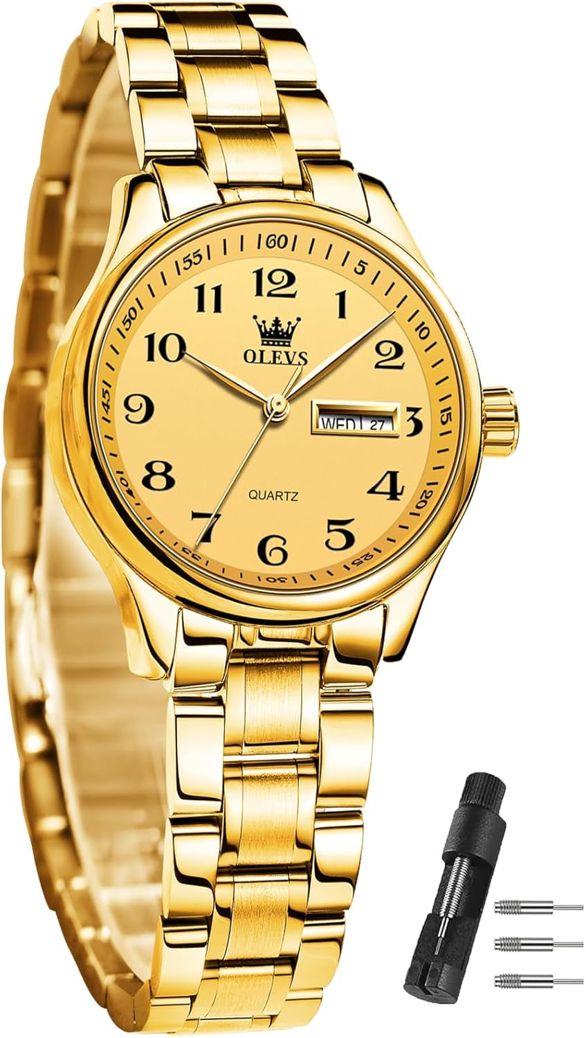 Women Watches Date and Day,Ladies Watches with Silver Gold Stainless Steel,Elegent Female for Small Wrist Watch(White/Black/Blue/Gold Face)