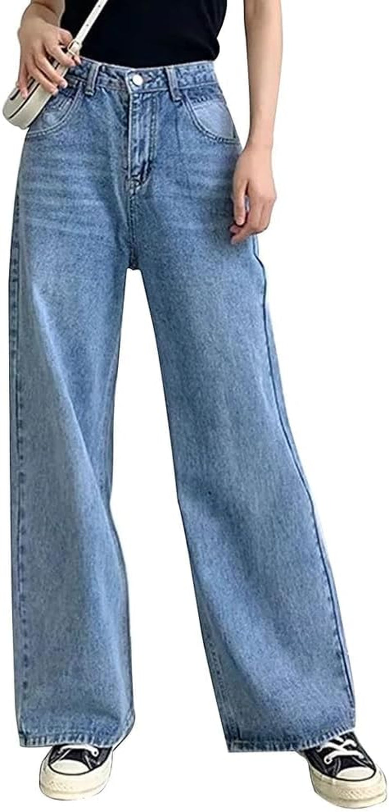 Baggy Wide Leg Jeans for Women High Waisted Trendy Flare Jeans Boyfriend Denim Pants with Patch Pockets