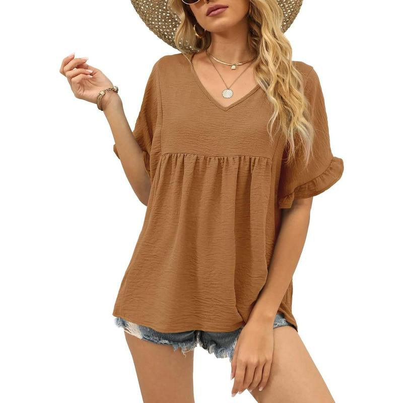 WIHOLL Womens Tops Casual V Neck Ruffle Sleeve T Shirts Babydoll Loose Fit Peplum Tops