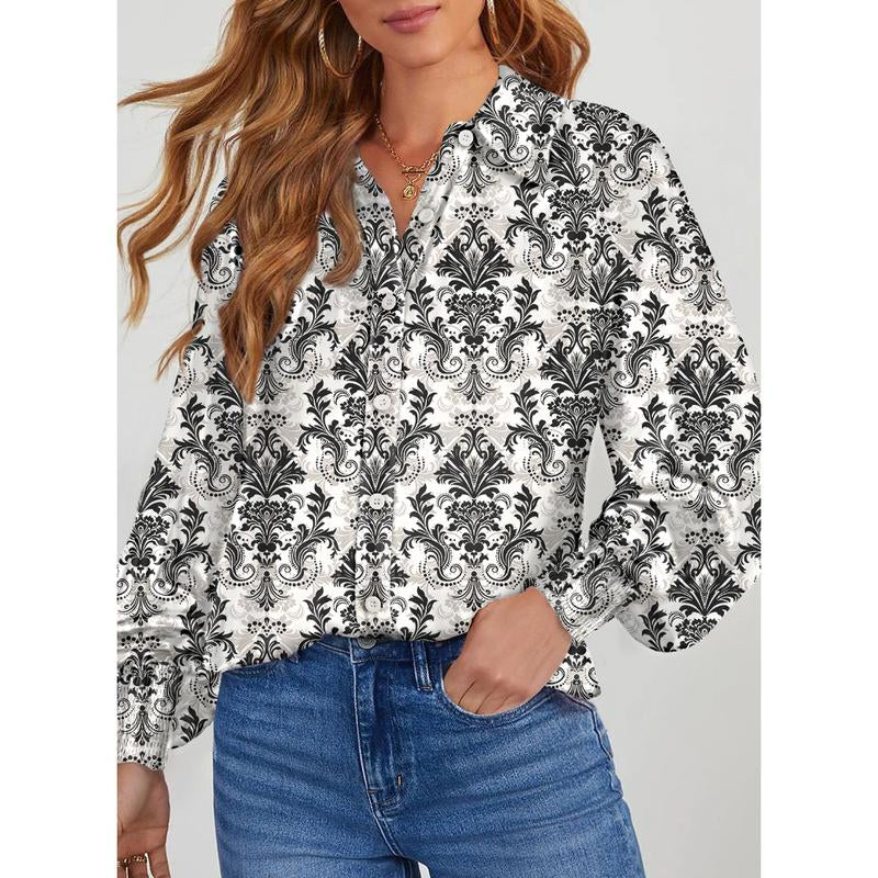 Dokotoo Women'S Casual V Neck Allover Floral Print Long Sleeve Chiffon Button down Blouses Bohemian Top Shirts