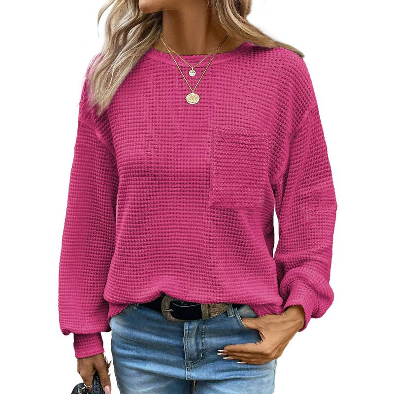 Dokotoo Womens Tops 2025 Oversized Long Sleeve Crewneck Waffle Knit Shirts Business Casual Blouses Basic Shirts Clothes Elegant