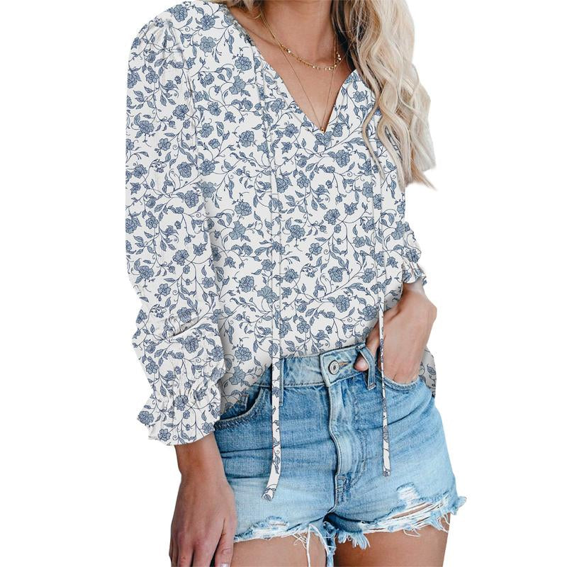 Dokotoo Women'S Casual Boho Floral Printed V Neck Tops Drawstring Short Long Sleeve T Shirt Blouses