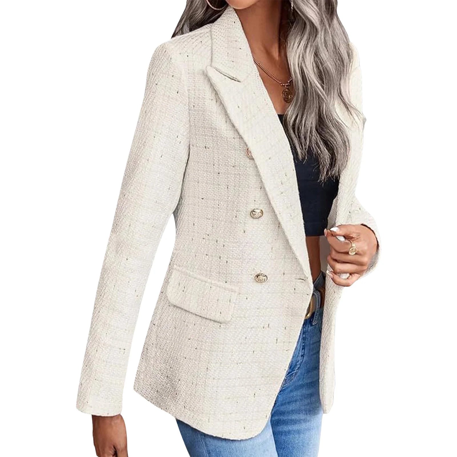 Women'S Blazers Tweed Plaid Blazer Jacket Fashion Business Casual Lapel Elegant Coat with Pockets (Beige,S)