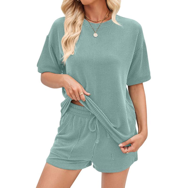 Two Piece Set Summer Lounge Tracksuit Outfits Shorts and Short Sleeve Tops Knitted Clothes