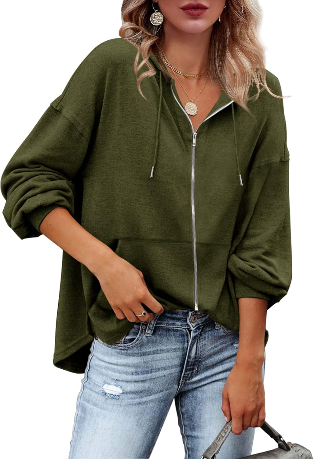 Womens Zip up Hoodies Loose Fit Sweatshirt Casual Long Sleeve Shirts for Women Pullover Tops with Pocket