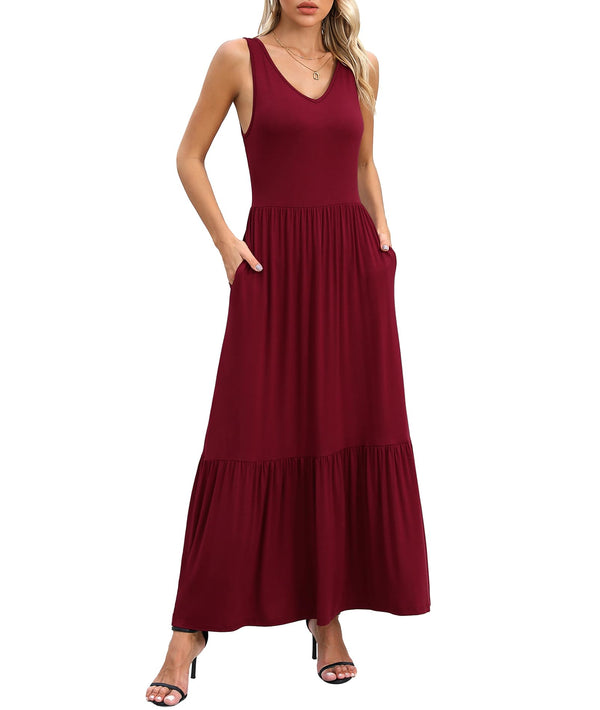 LILBETTER Womens Summer Casual Sleeveless V Neck Swing Dress Casual Flowy Tiered Maxi Beach Dress with Pockets(Wine Red Large)