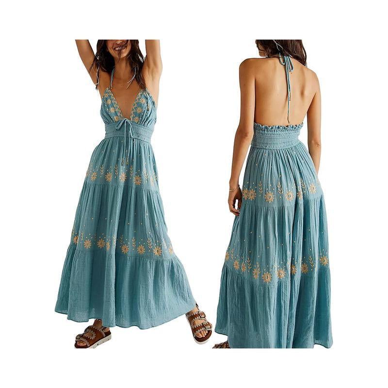 Embroidered Boho Maxi Dress for Women Spaghetti Strap Open Back Embroidered Tiered Swing Summer Long Dress Y2K Vacation Sundress