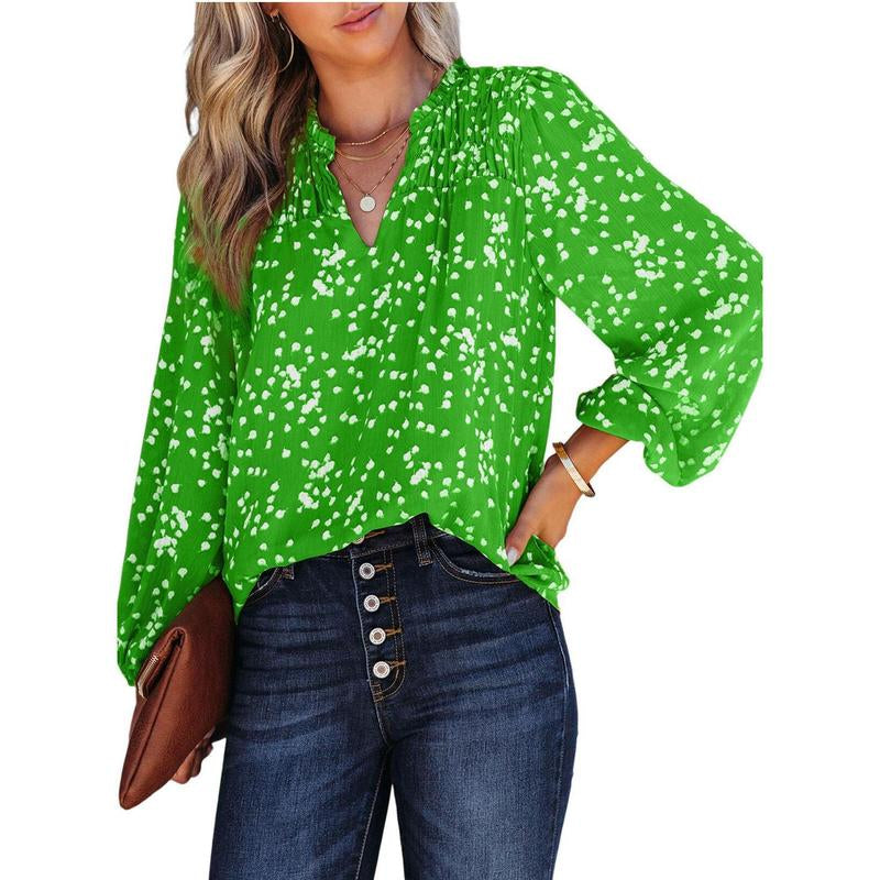 Dokotoo Women'S Casual V Neck Alicia Floral Print Smocked Long Sleeve Chiffon Blouses Bohemian Top Shirts