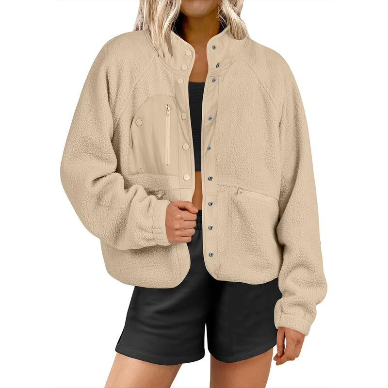ANRABESS Womens Fleece Jacket Button down Shacket Casual Sherpa Cropped Coats Warm Outwear with Pockets