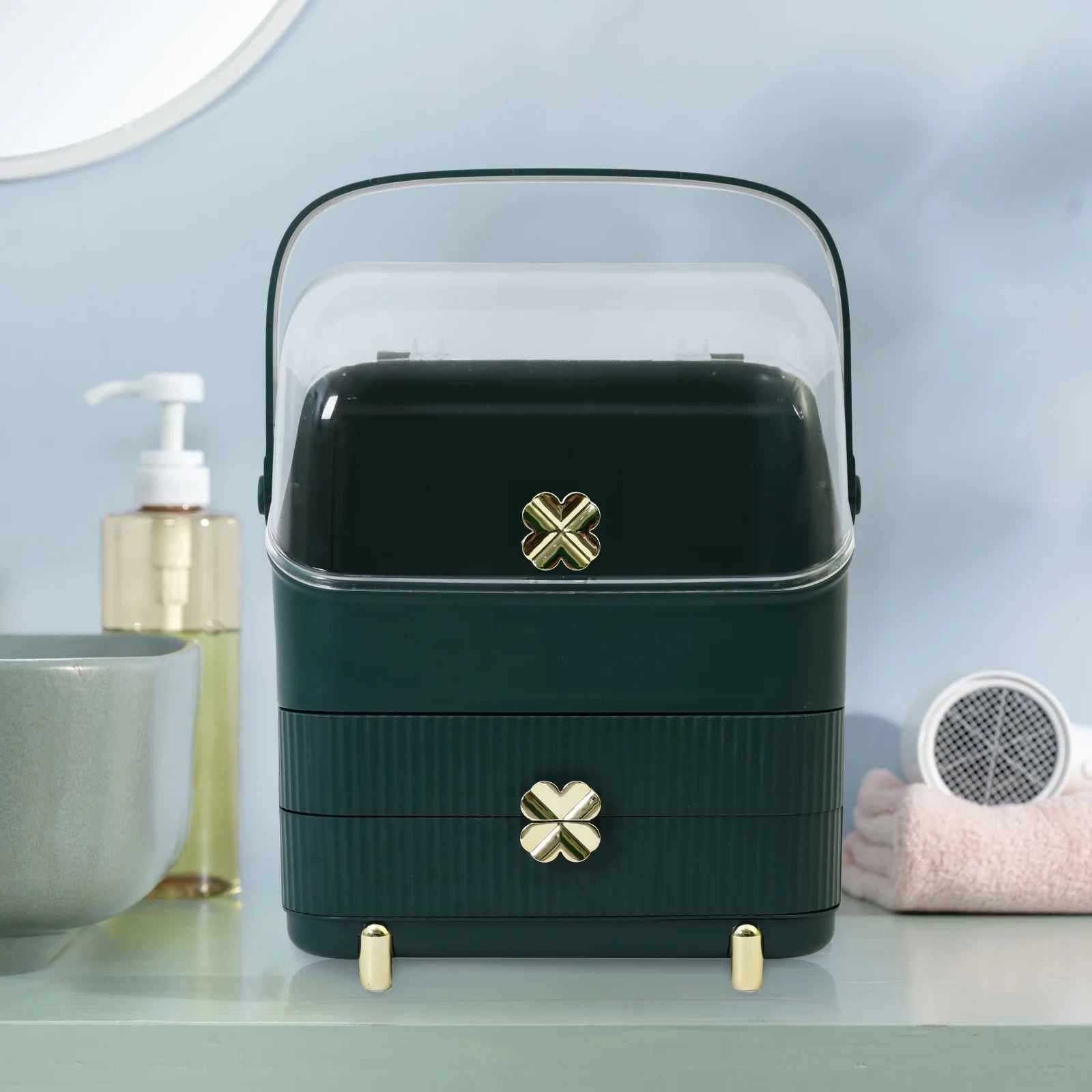 Makeup Organizer Cosmetics Storage with Fully Open Lid, Green, Countertop Cosmetics Display Case, Dresser, Ideal Gift for Women (Dark Green), 10.23*7.08*14.17In