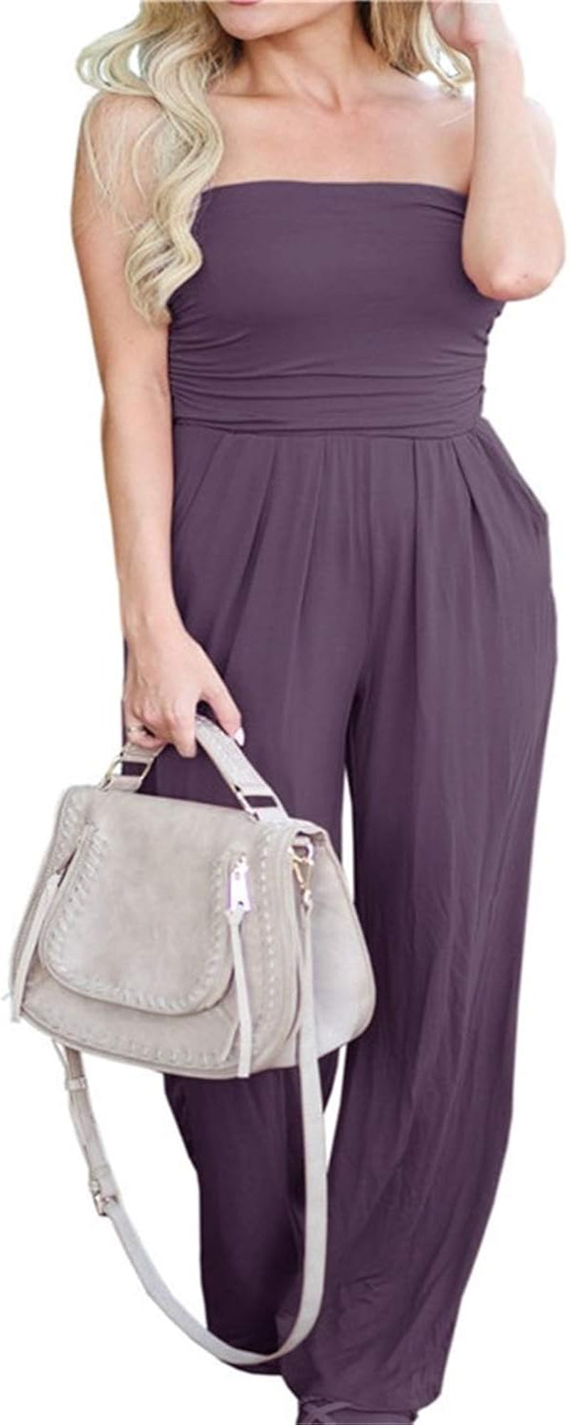 Women'S Tube Top Strapless off Shoulder Loose Wide Leg Jumpsuit Romper with Pockets