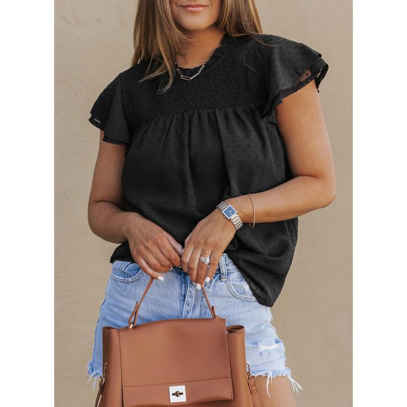 Dokotoo Womens Crewneck Lace Crochet Pom Pom Flowy Short Sleeve Casual Shirts Blouses Tops Summer Fit Denim Fashion Women'S Summer Outfits