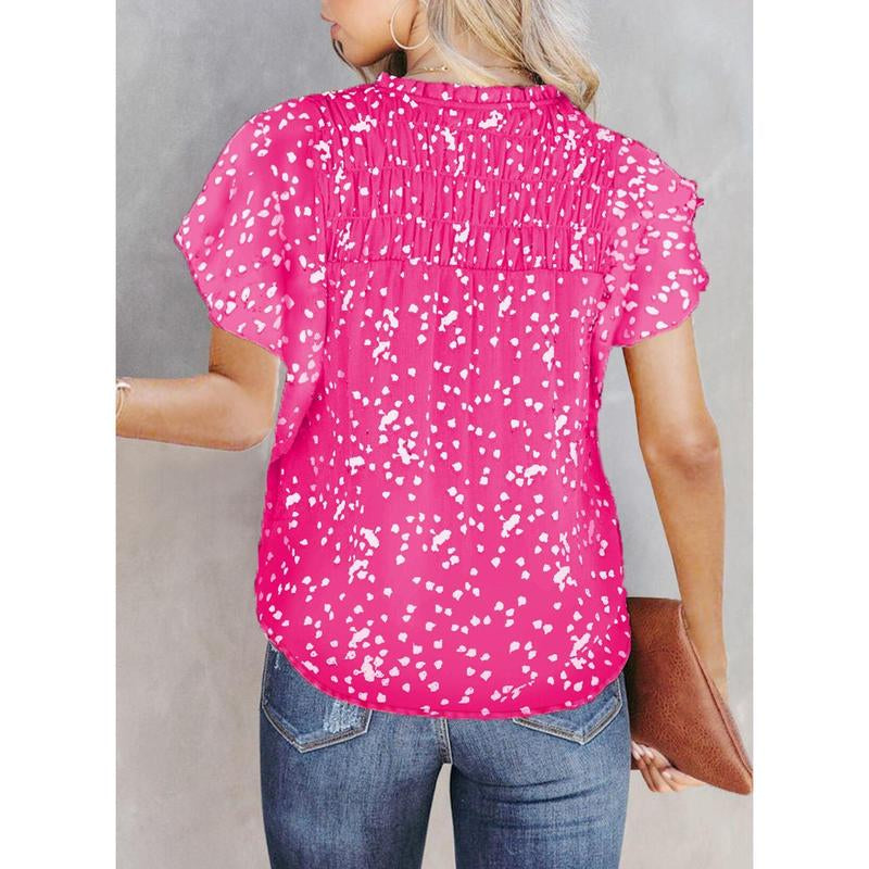 Dokotoo Women'S Casual V Neck Alicia Floral Print Smocked Short Sleeve Chiffon Blouses Bohemian Top Shirts