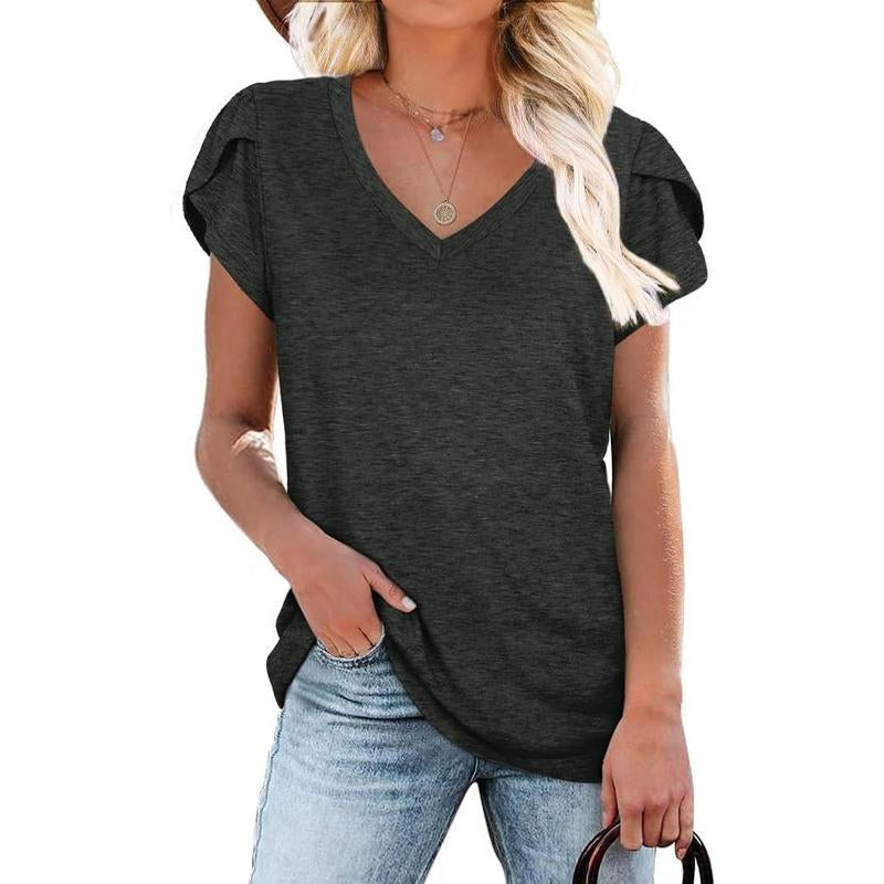 WIHOLL Womens Tops V Neck Summer Petal Sleeve Casual Tshirts