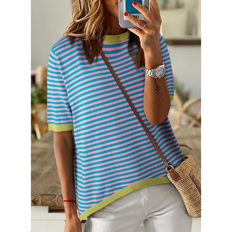 Dokotoo Womens Tops Casual Summer Crewneck Short Sleeve Striped Color Block Knit High Low Trendy Pullover Sweaters