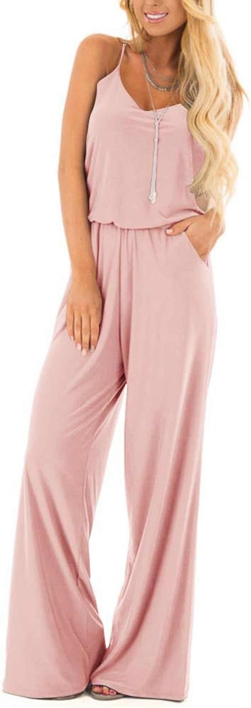 Womens Summer Casual Sleeveless Spaghetti Strap Sexy Jumpsuit Rompers Wide Leg Pants Blush X-Large